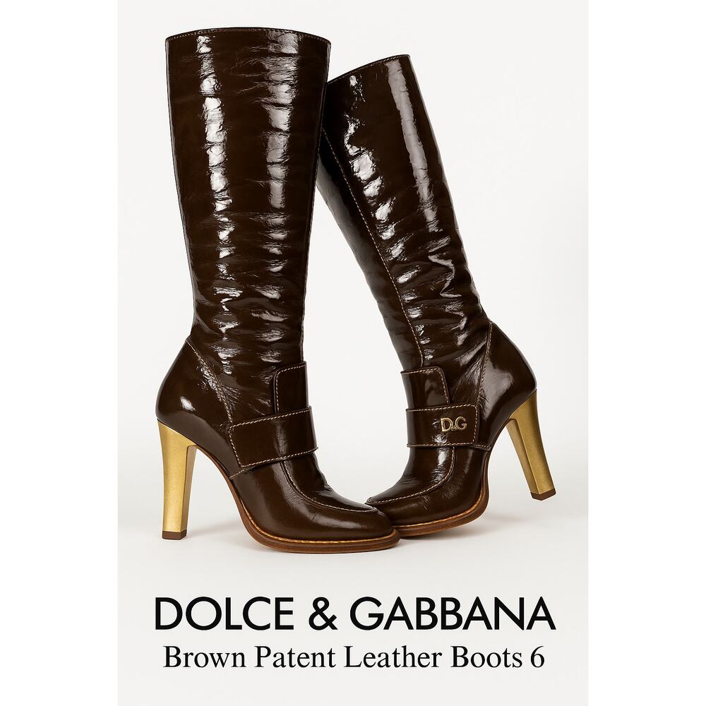 Dolce & Gabbana Brown Patent Leather Gold Heel Boots Size 6 Italian Designer